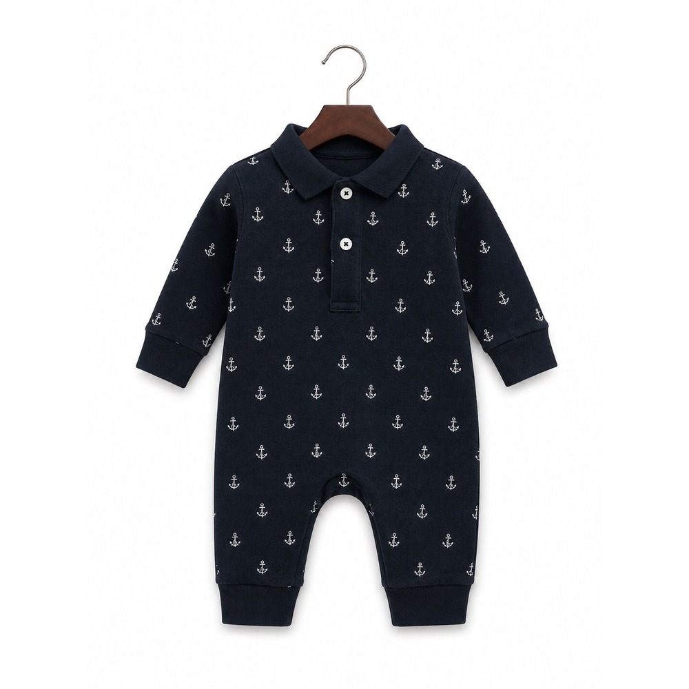 Ralph Lauren Boys Romper Size 6â Months Black Pique Long Sleeve Polo Anchors Tan